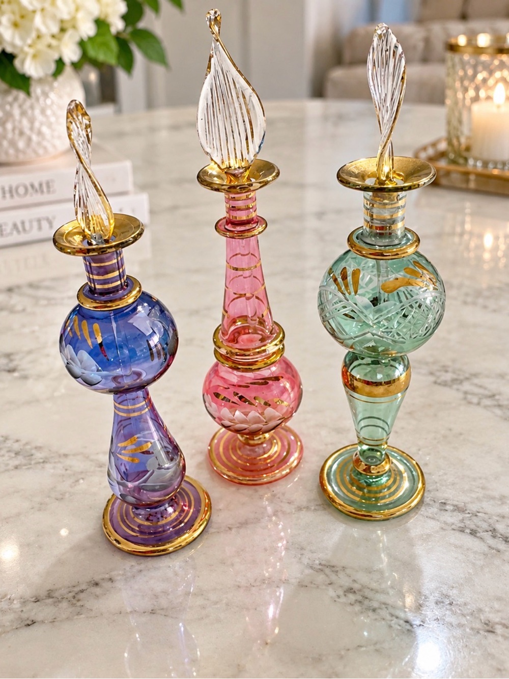 Vintage Royal Limited Handcrafted Egyptian Glass Perfume Bottles - Set of 3
